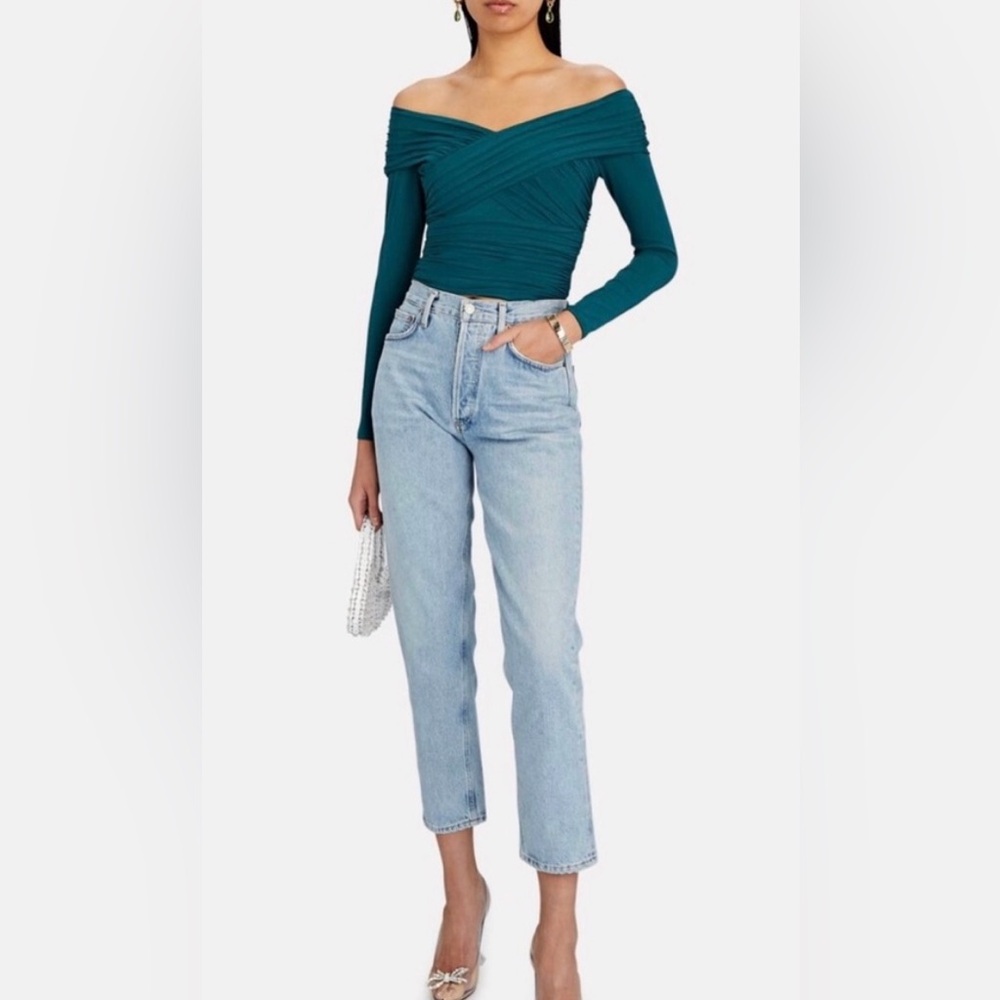 Self Portrait off the shoulder green top.